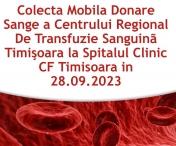 Pe 28 septembrie, la Spitalul Clinic CF Timișoara, are loc o campanie de donare de sânge