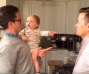 VIDEO - REACTIA FABULOASA a unui bebelus atunci cand se afla fata in fata cu tatal si cu fratele geaman al acestuia
